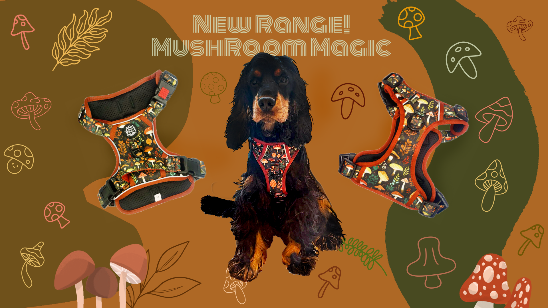 Adjustable technical dog harness featuring an intricate mushroom pattern over a durable fabric. The harness is equipped with heavy-duty buckles for secure fastening, reflective strips for nighttime visibility, and a reinforced handle on the back for better control. The design is complemented with breathable mesh lining for comfort, and multiple attachment points for leashes. The colorful mushroom illustrations add a playful touch to the practical design, suitable for outdoor activities and training sessions