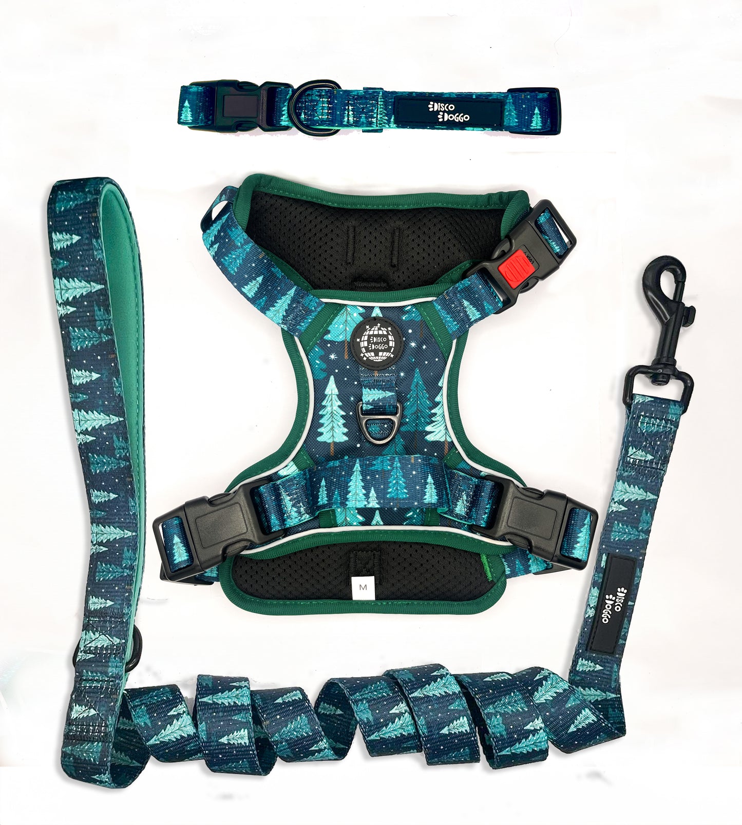 Technical dog harness designed with a nature-inspired pattern, showcasing leaves, trees, and wildlife in vibrant colors on a sturdy fabric. It features adjustable straps for a custom fit, durable buckles for secure closure, and a soft mesh lining for breathability and comfort. The harness is enhanced with reflective accents for improved visibility in low light conditions and includes a strong handle on the back for better control during walks. 